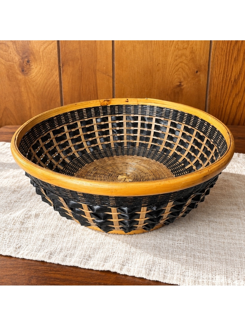 Handwoven Basket Bowl Black and Natural Asian Style Woven Decor 10 Inch